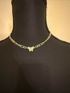 Gold Tone Butterfly Rhinestone Figaro Chain Choker Necklace